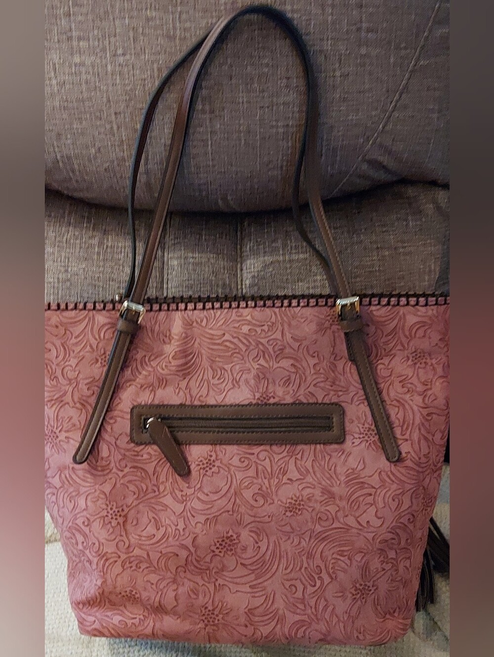 New Rose Floral-Embossed Leather Tote with Brown Trim